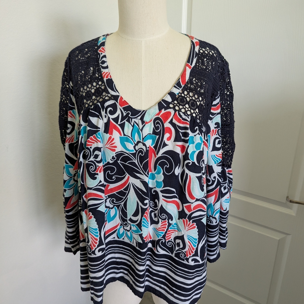 Crown & Ivy Navy and Red Floral Blouse